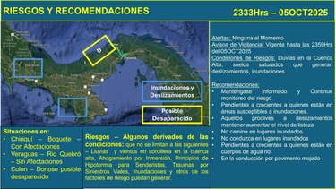 Sinaproc reporta 26 deslizamientos y 28 evacuados en Boquete; 9 personas fueron rescatadas en Bocas del Toro