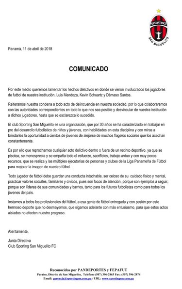Detienen a tres jugadores del Sporting San Miguelito por supuesto secuestro