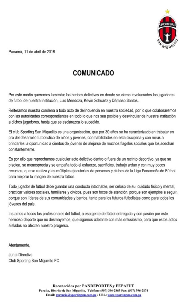 Detienen a tres jugadores del Sporting San Miguelito por supuesto secuestro