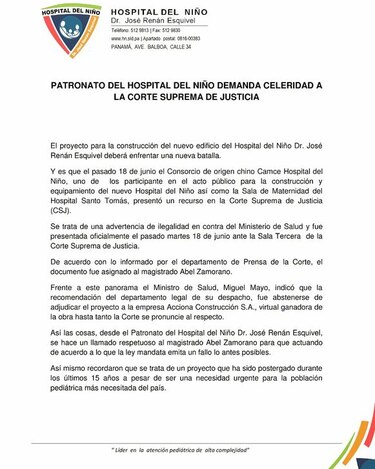 Patronato del Hospital del Niño pide celeridad a la Corte Suprema