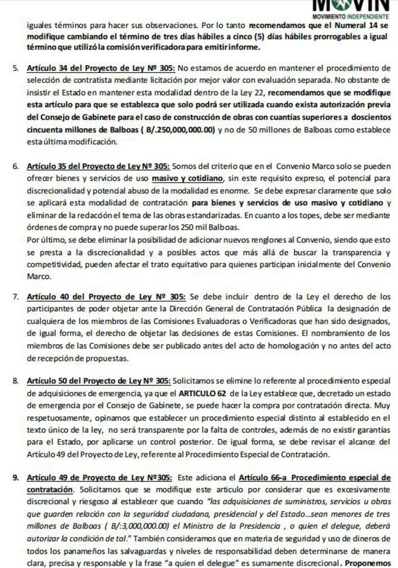 Movin presenta modificaciones al proyecto de reformas de la ley de contrataciones públicas
