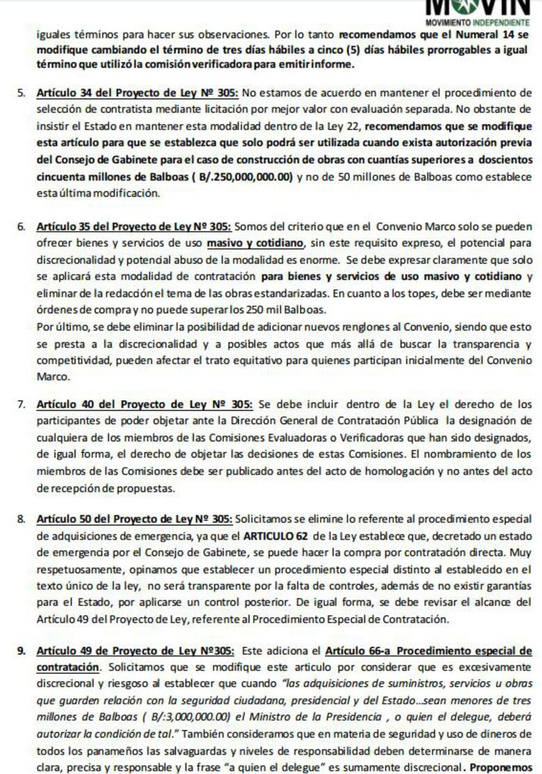 Movin presenta modificaciones al proyecto de reformas de la ley de contrataciones públicas