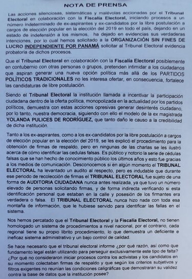 Grupo Independientes por Panamá denuncia supuestas anomalías en procesos contra excandidatos
