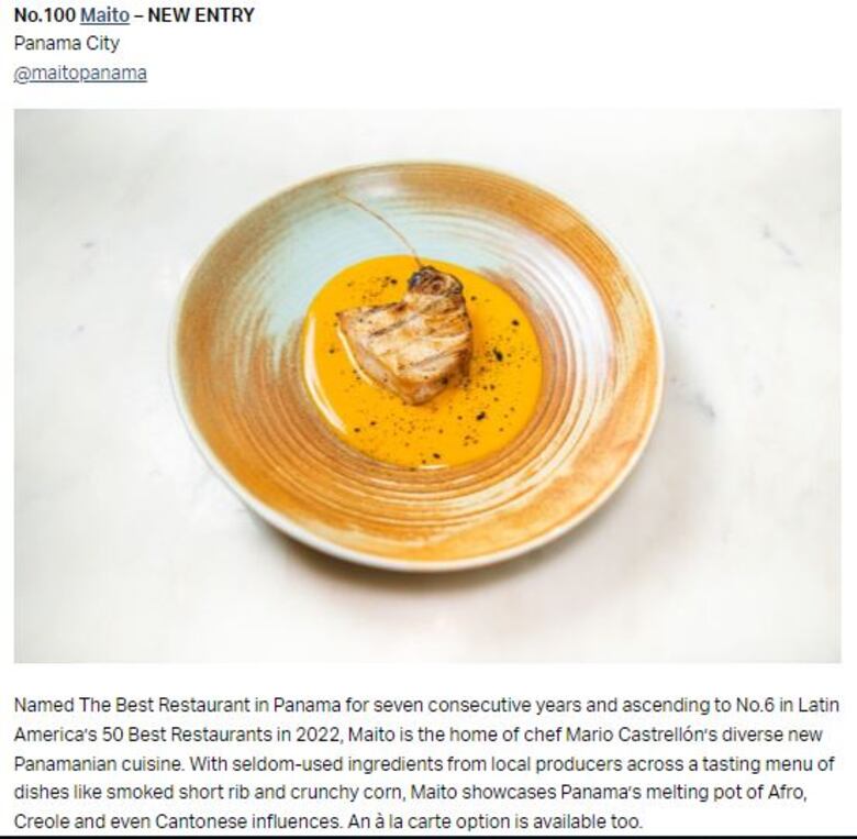 Restaurante panameño Maito entra en la lista de los 100 más importantes del mundo