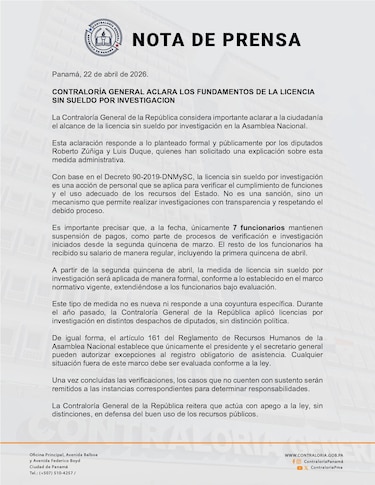 Contraloría responde a Vamos: dice que solo siete funcionarios tienen salarios suspendidos