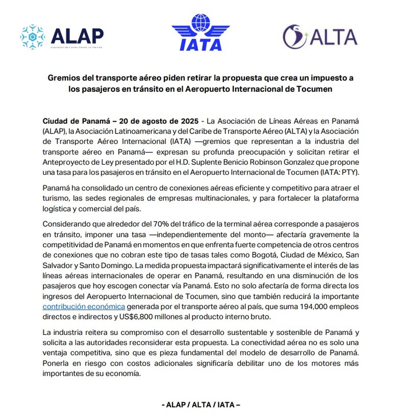 Gremios de la industria aérea rechazan propuesta de cobrar $10 a los pasajeros en tránsito por Tocumen