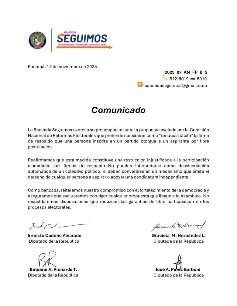 Bancada Seguimos rechaza propuesta que convertiría firmas de apoyo en ‘renuncia tácita’ a partidos políticos