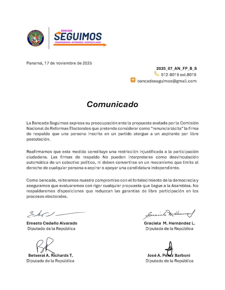 Bancada Seguimos rechaza propuesta que convertiría firmas de apoyo en ‘renuncia tácita’ a partidos políticos