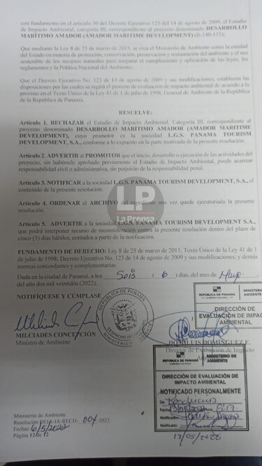 Ministerio de Ambiente rechaza estudio de impacto ambiental del relleno en Amador