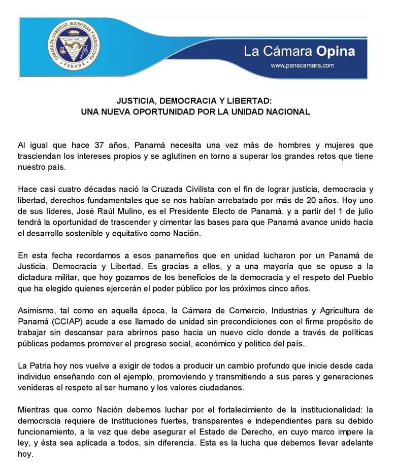 Cciap: la democracia requiere de instituciones fuertes, transparentes e independientes