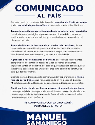 Manuel Samaniego renuncia a la Coalición Vamos y a su bancada en la Asamblea Nacional