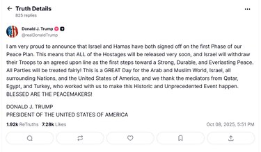 Israel y Hamás alcanzan un primer acuerdo sobre el plan de paz de Donald Trump para Gaza