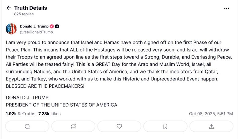 Israel y Hamás alcanzan un primer acuerdo sobre el plan de paz de Donald Trump para Gaza