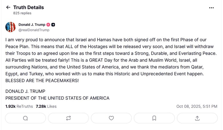 Israel y Hamás alcanzan un primer acuerdo sobre el plan de paz de Donald Trump para Gaza