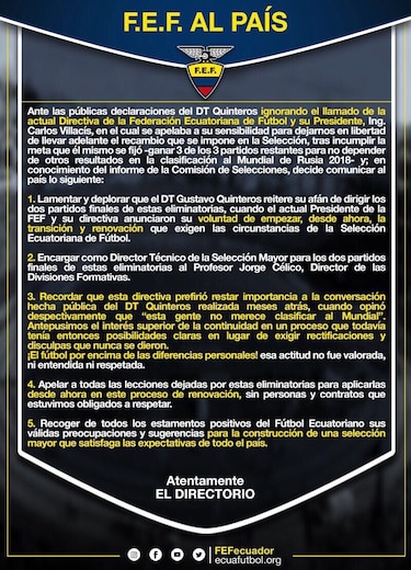 Ecuador aparta al técnico de la selección Gustavo Quinteros