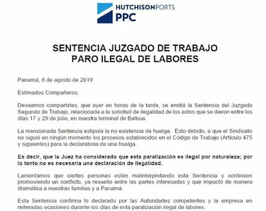 Juzgado no accede a pedido de PPC de declarar 'ilegal' la huelga en el puerto de Balboa