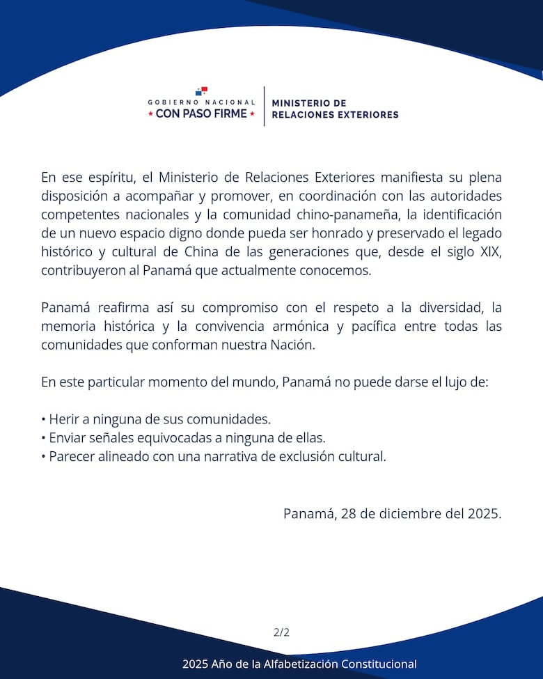 Presidente Mulino califica de ‘imperdonable’ la demolición del monumento chino y pide una investigación inmediata