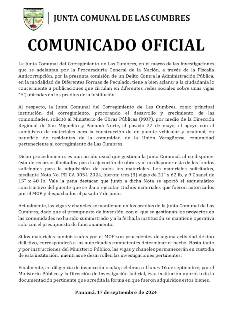 Las vigas que están en Las Cumbres fueron ‘donadas’ por el MOP a la junta comunal