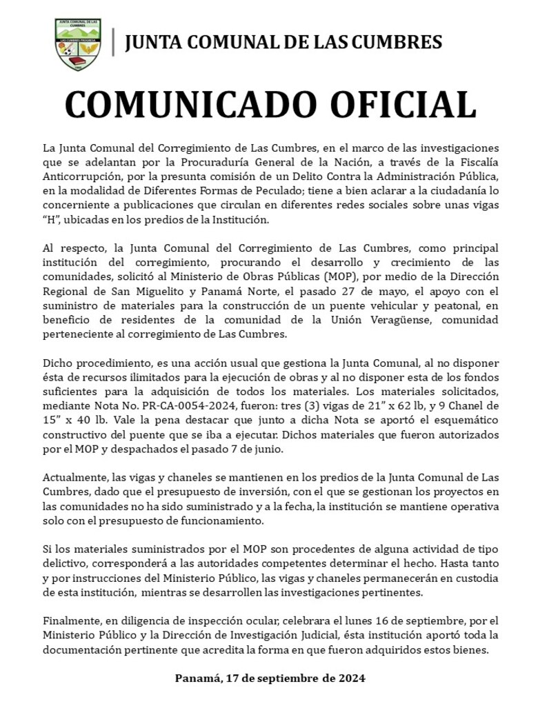 Las vigas que están en Las Cumbres fueron ‘donadas’ por el MOP a la junta comunal