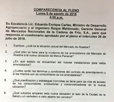 Titular del MIDA acude a la Asamblea para explicar situación del mercado de abastos