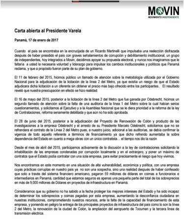 Movin: 'Presidente, sobre usted recae la responsabilidad de desmantelar la estructura de corrupción'
