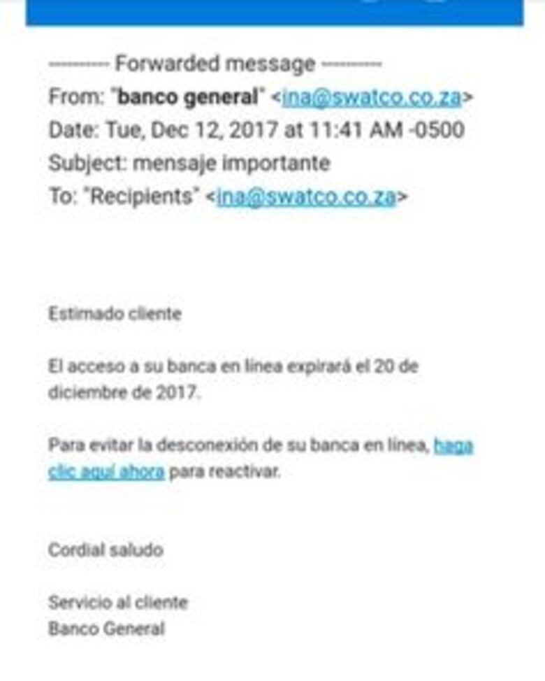 Banco General alerta a sus clientes sobre correo fraudulento