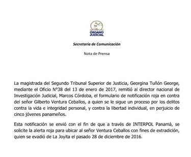 Alerta roja para capturar a Gilberto Ventura Ceballos