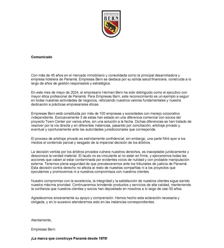 Empresas Bern señala que el laudo arbitral a favor de sus socios en Town Center ‘vulnera’ sus derechos