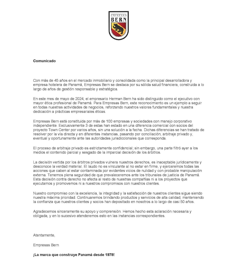 Empresas Bern señala que el laudo arbitral a favor de sus socios en Town Center ‘vulnera’ sus derechos