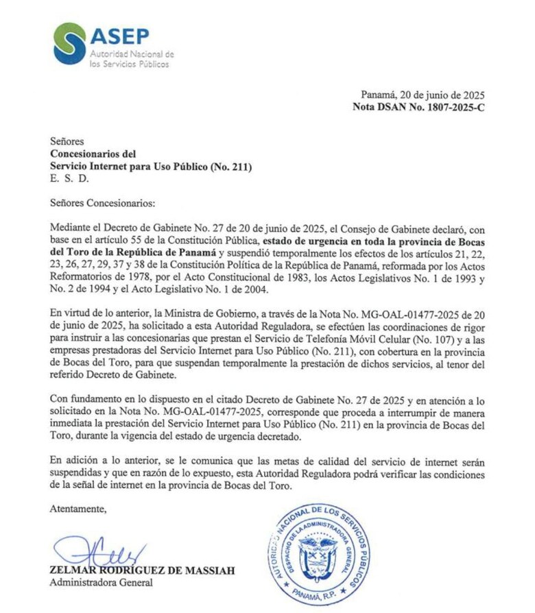 ASEP ordena suspender temporalmente el servicio de internet residencial y la telefonía móvil general en Bocas del Toro