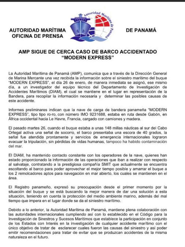 Video: Evacúan buque de bandera panameña en España; navega sin control y corre riesgo de hundirse