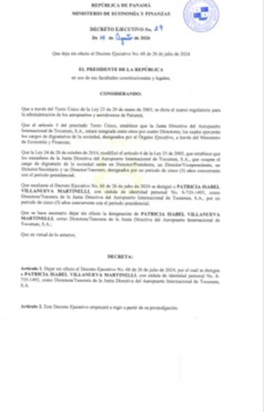 Mulino deja sin efecto designación de Patricia Villanueva Martinelli en la Junta Directiva de Tocumen