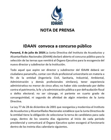 Junta directiva del Idaan abre concurso para escogencia de director y subdirector