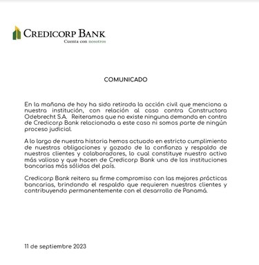 El Estado panameño retira la demanda civil contra el Credicorp Bank