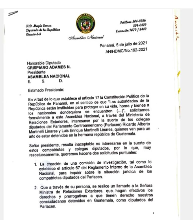 24 diputados le piden al Gobierno de Cortizo que inicie las gestiones para traer al país a los hermanos Martinelli Linares, detenidos en Guatemala 