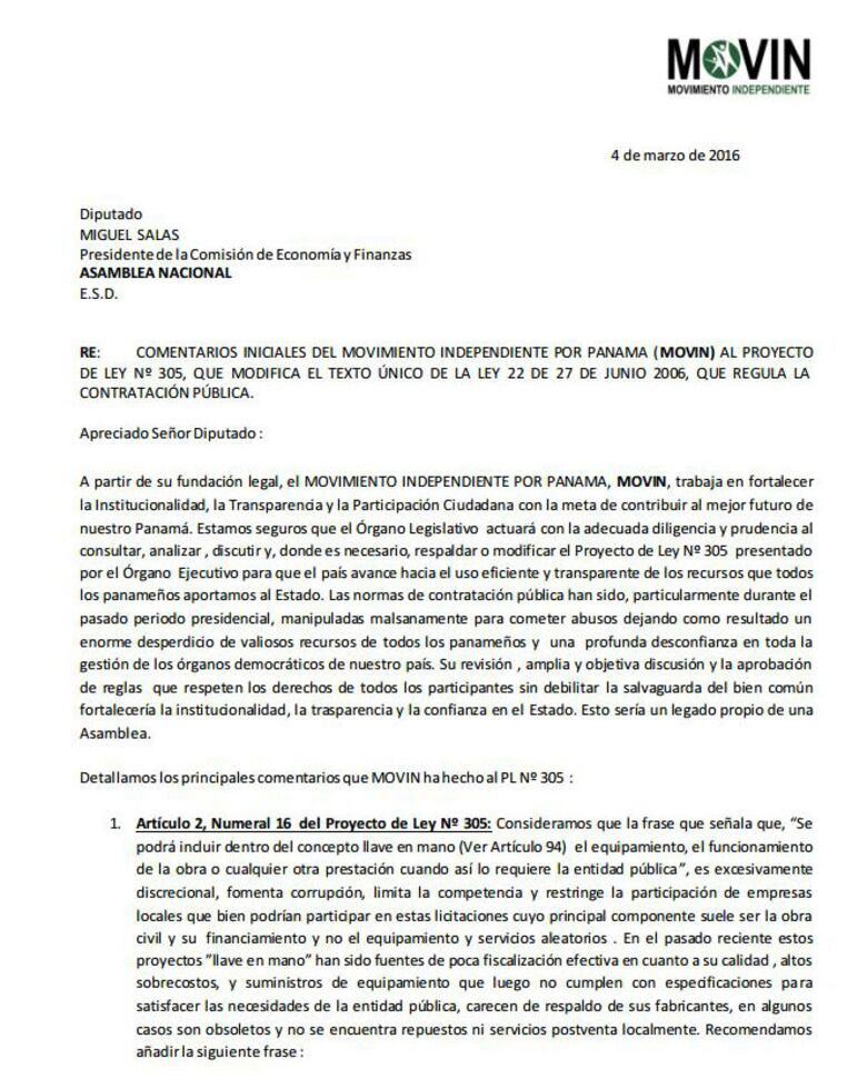 Movin presenta modificaciones al proyecto de reformas de la ley de contrataciones públicas