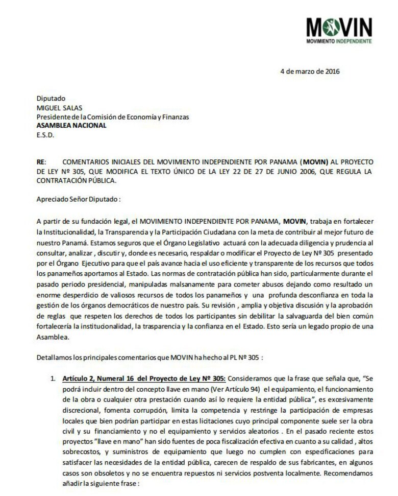 Movin presenta modificaciones al proyecto de reformas de la ley de contrataciones públicas