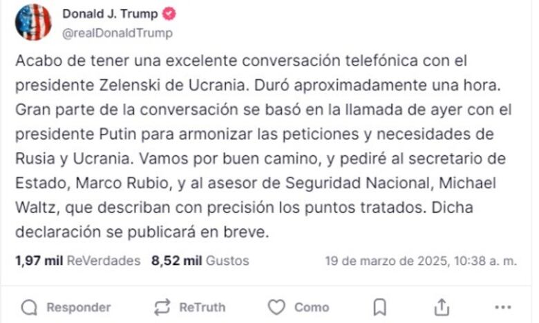 Trump dice que la llamada con Zelenski para ‘alinear’ a Rusia y Ucrania fue excelente