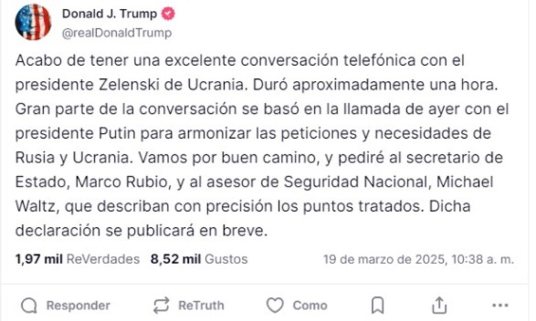 Trump dice que la llamada con Zelenski para ‘alinear’ a Rusia y Ucrania fue excelente