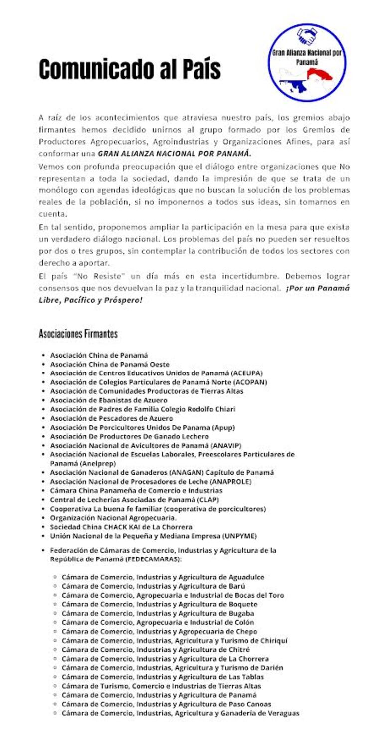 Surge la Gran Alianza por Panamá, que pide ser incluida en la mesa única de diálogo