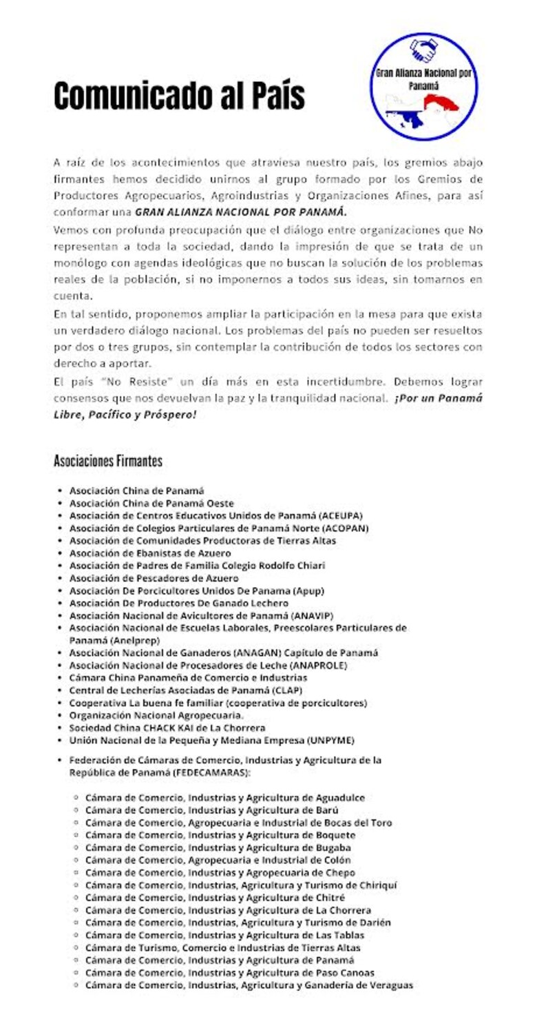 Surge la Gran Alianza por Panamá, que pide ser incluida en la mesa única de diálogo