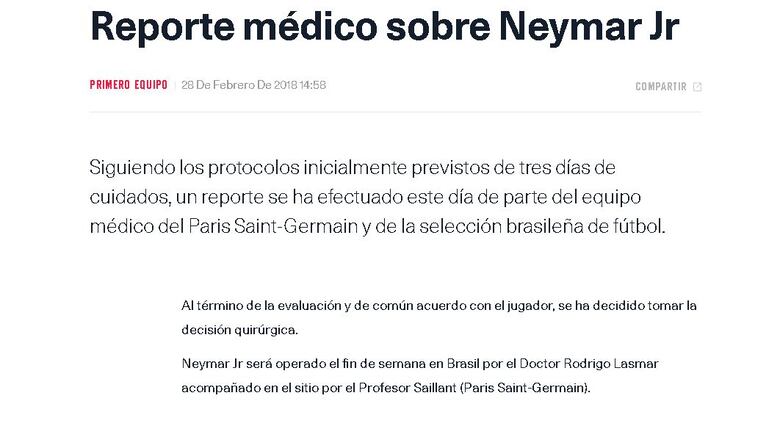 Neymar será operado por fractura del pie