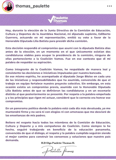 Bancada Vamos suspende a Paulette Thomas; Juan Diego Vásquez: ‘No voy a patrocinar acuerdos personales’