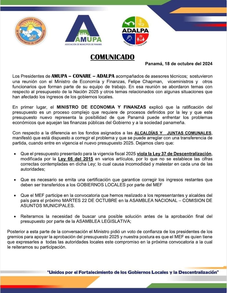 Gobiernos locales reclaman al MEF por el recorte del presupuesto para 2025