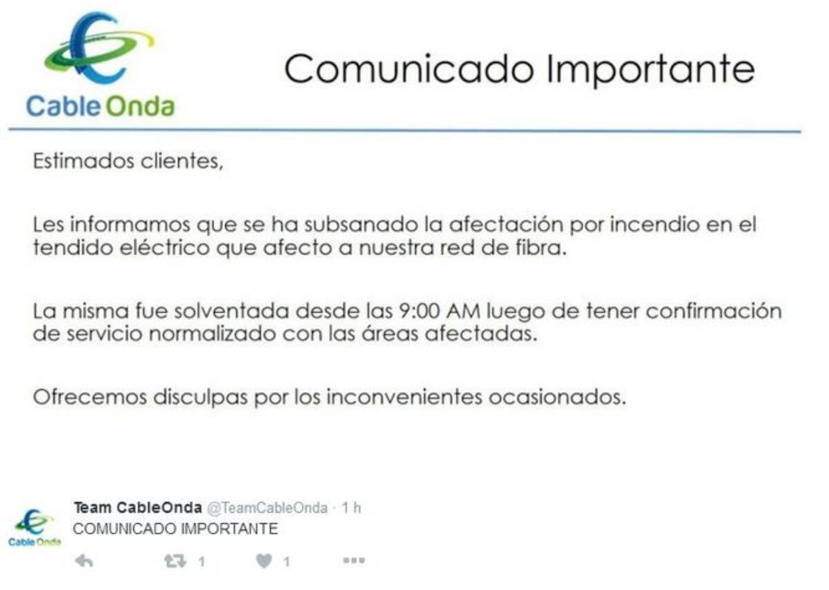 Cable Onda soluciona problema técnico y restablece servicio en el interior del país