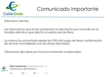 Cable Onda soluciona problema técnico y restablece servicio en el interior del país