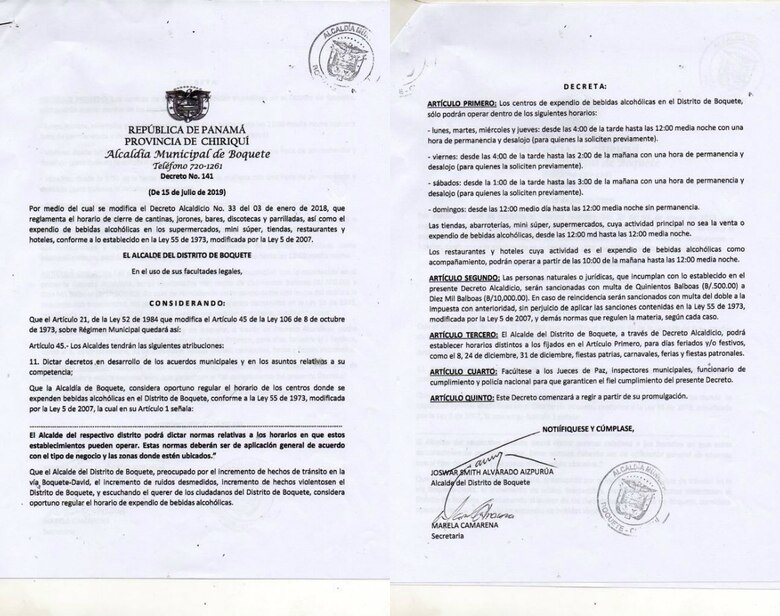 Alcaldía de Boquete regula el expendio de bebidas alcohólicas