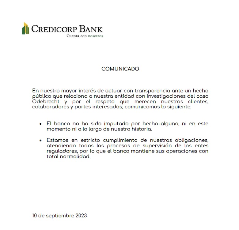 El Estado panameño exige $600 millones a Credicorp Bank por el caso Odebrecht