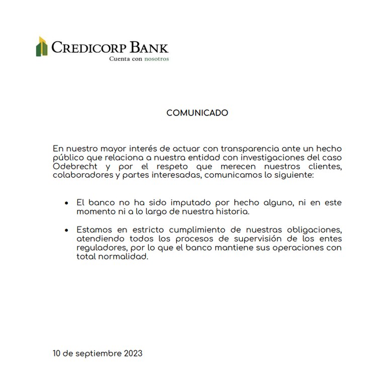 El Estado panameño exige $600 millones a Credicorp Bank por el caso Odebrecht