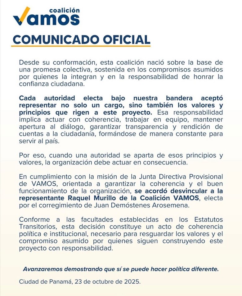 Coalición Vamos separa a una de sus integrantes que enfrenta proceso de revocatoria